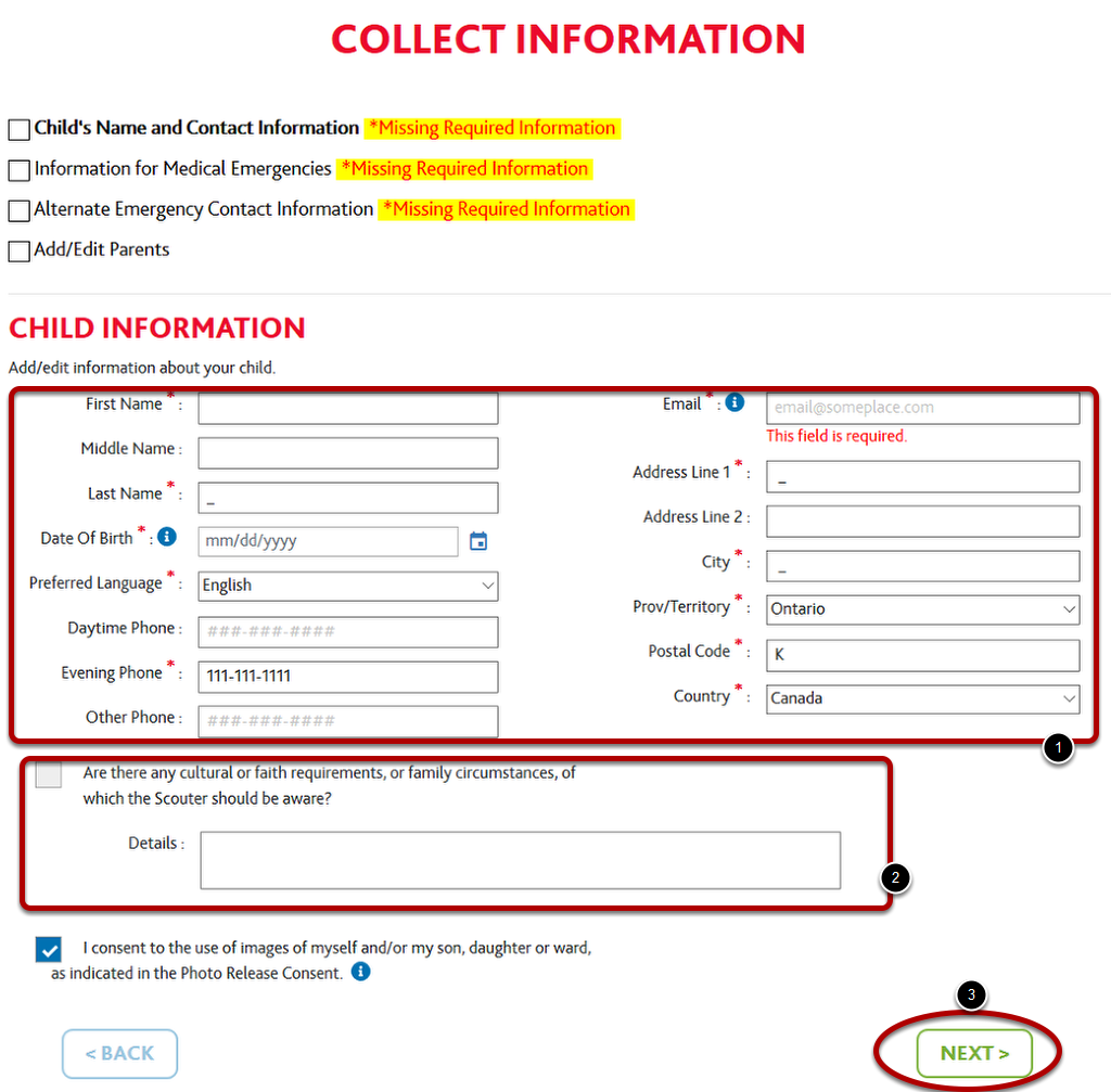 Enter Child's Name and Contact Information